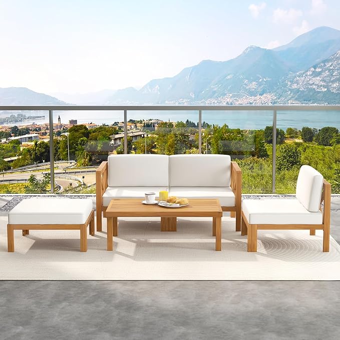 Tangkula 5 Piece Outdoor Conversation Furniture Set, Acacia Wood Sectional Sofa - Image 4