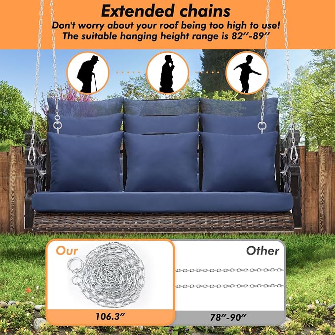 3-Person Wicker Porch Swing Chair Heavy Duty 900 LBS Outdoor Rattan Patio Swing - Image 5