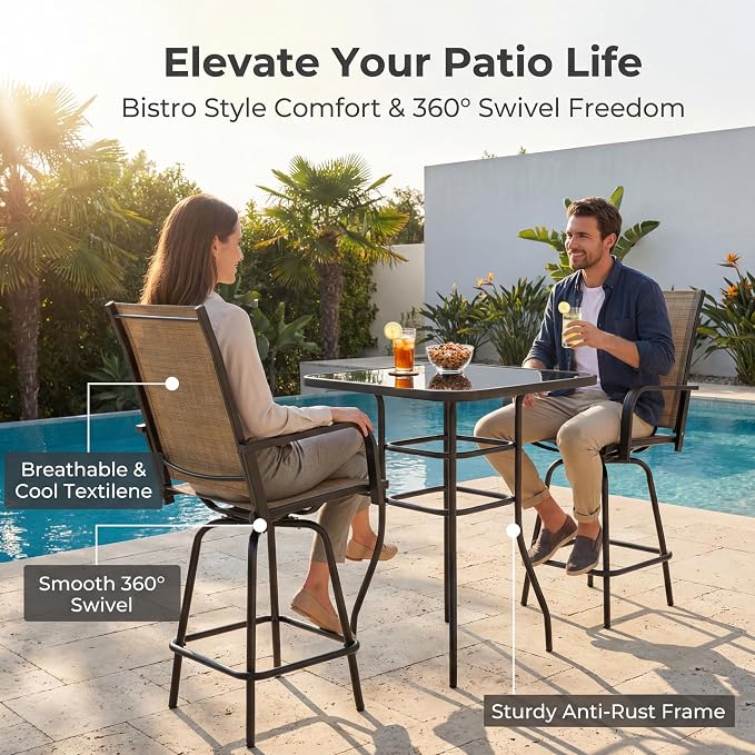 Homall 3 Piece Outdoor Patio Swivel Bar Stools Set, High Top Table - Image 6