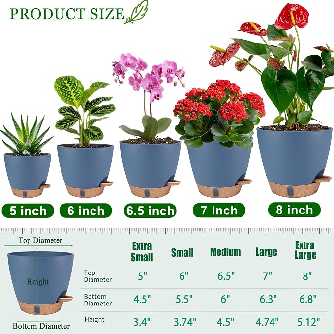Self Watering Pots for Inoor Ourdoor Plants 8/7/6.5/6/5 Inch Plastic Planters - Image 6