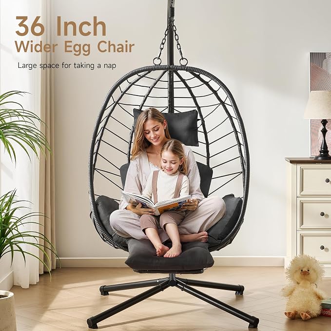 ONBRILL Hanging Egg Chair with Adjustable Footrest & Stand, Wicker Rattan Swing - Image 4