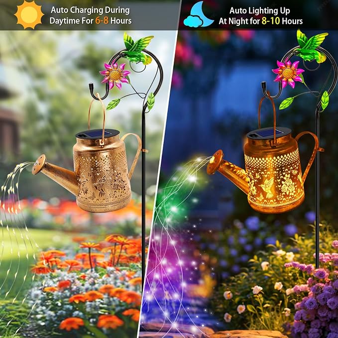2 Pack Solar Lanterns Outdoor Waterproof, Hummingbird Watering Can Garden Decor - Image 6