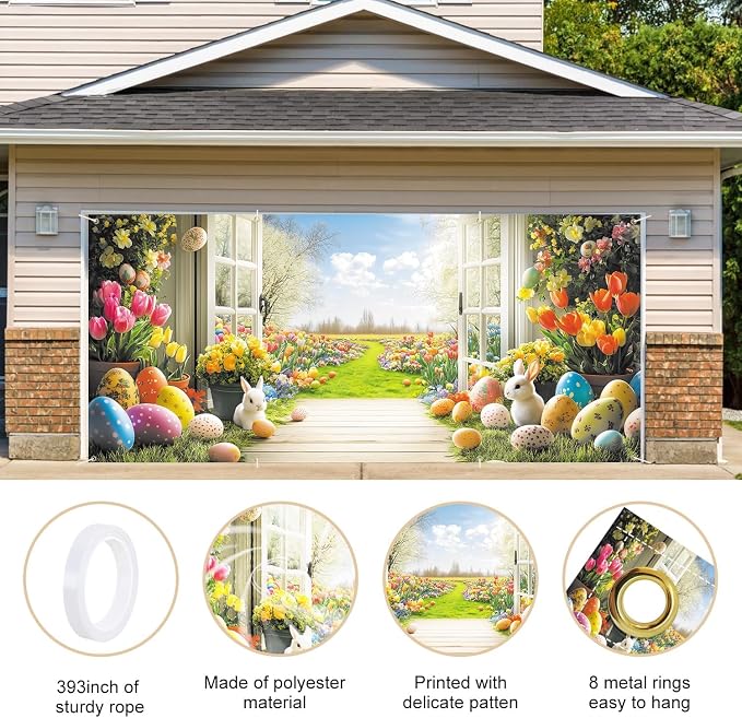 ANNA QUEEN Easter Garage Door Banner 6x13FT, Spring Garden Window Scene - Image 4