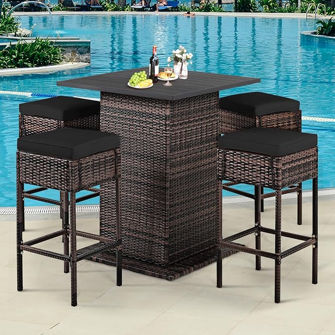 HAPPYGRILL 5 Pieces Rattan Bar Set, Outdoor Wicker Bar Table and 4 Bar Stools - Image 3