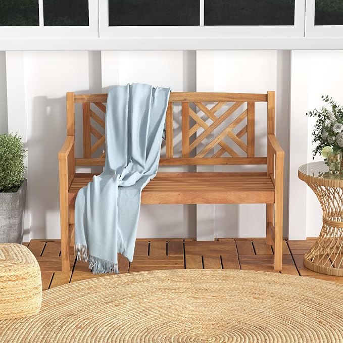 HAPPYGRILL Outdoor Wood Bench, 2-Seat Acacia Wood Loveseat Chair w/Slatted Seat - Image 9