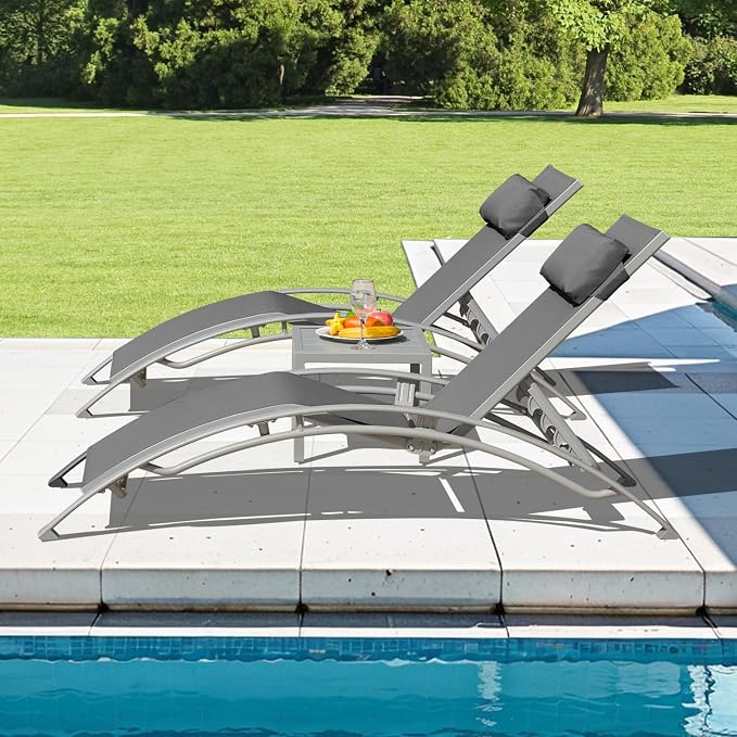 Domi Pool Lounge Chairs Set of 3, Adjustable Aluminum Outdoor Chaise Lounge - Image 8