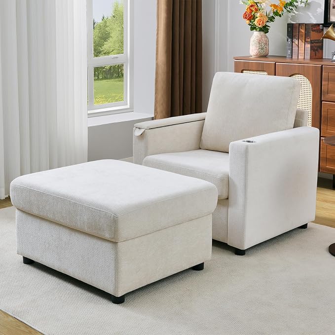 Modern Accent Chairs with Storage Ottoman Set, Comfy Chenille Reading Armchair - Image 6