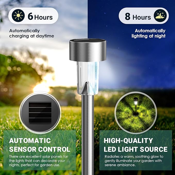 GIGALUMI Solar Lights Outdoor Waterproof, 12 Pack, Stainless Steel LED Solar - Image 5