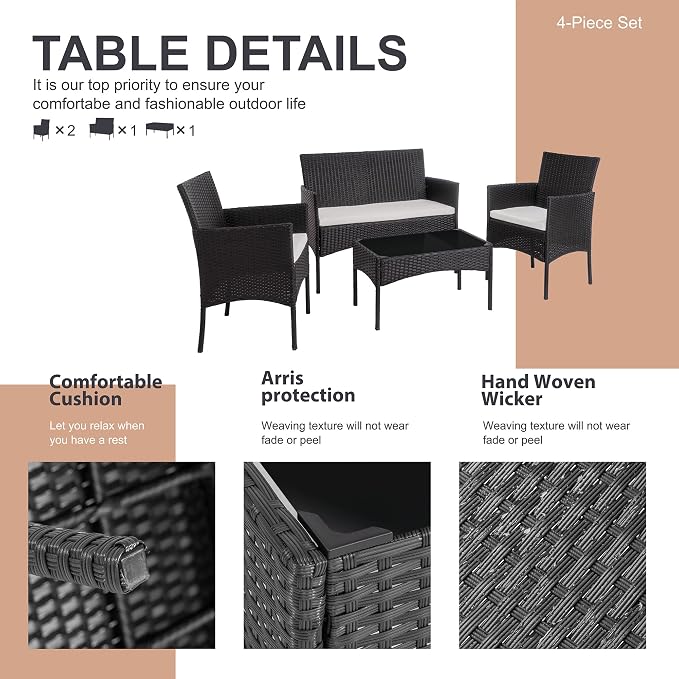Shintenchi 4 Piece Outdoor Patio Furniture Sets, Small Wicker Patio - Image 6