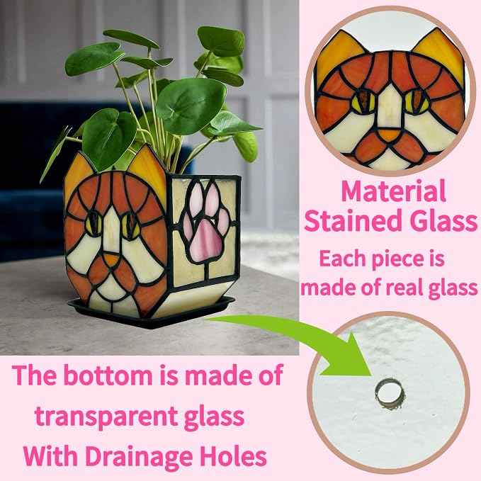 Stained Glass Orange Cat Planter, Indoor Flower Pots - Image 3