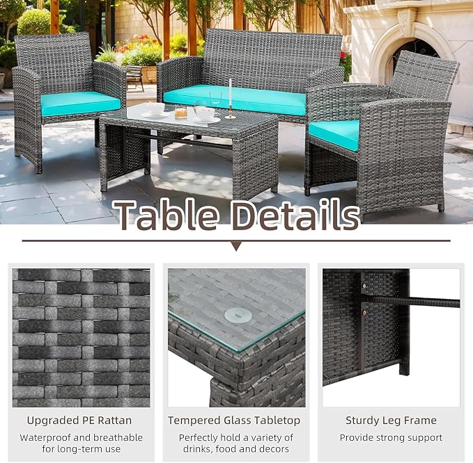 4 Piece Patio Ratten Set Outdoor Furniture Set Wicker Conversation Set - Image 3