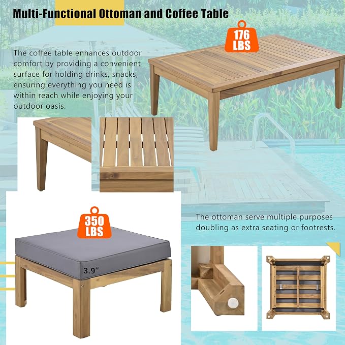 6-Piece Outdoor Patio Conversation Furniture Set, Acacia Wood Sectional Sofa Set - Image 9