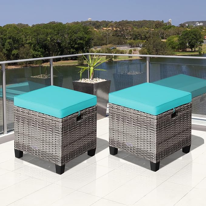 LDAILY Moccha 2 Pieces Patio Outdoor Ottoman, All Weather Rattan Patio Ottoman - Image 3