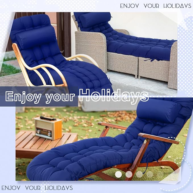 Tudomro 2 Pcs Blue 66'' Outdoor Chaise Lounge Cushion Waterproof Patio Lawn - Image 7