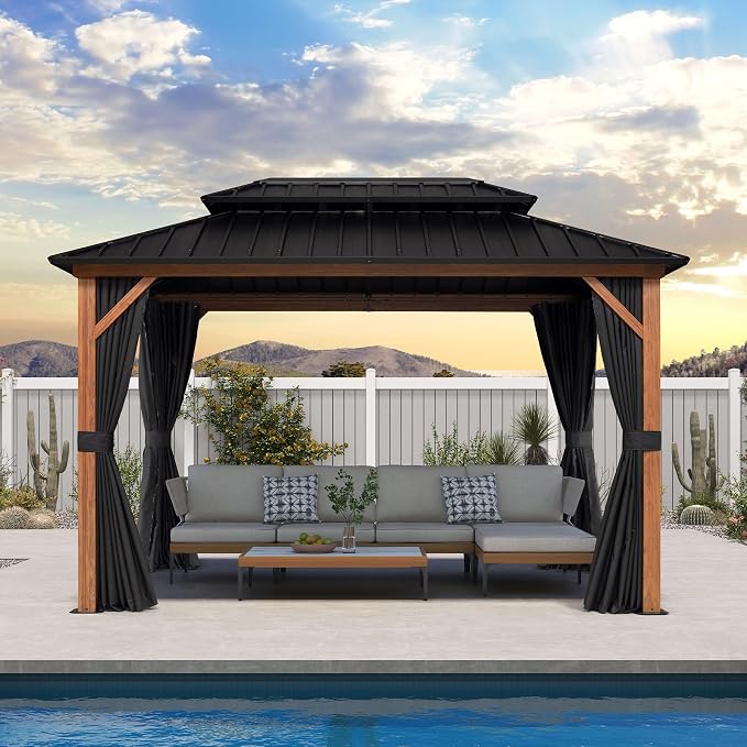 PURPLE LEAF 8' X 12' Hardtop Gazebo Outdoor Wood Grain Aluminum Frame - Image 2