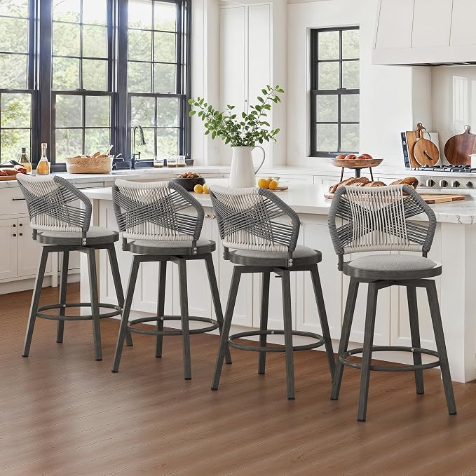 360° Swivel Outdoor Bar Stools Set of 4, Modern Aluminum Wicker Bar Stool - Image 3