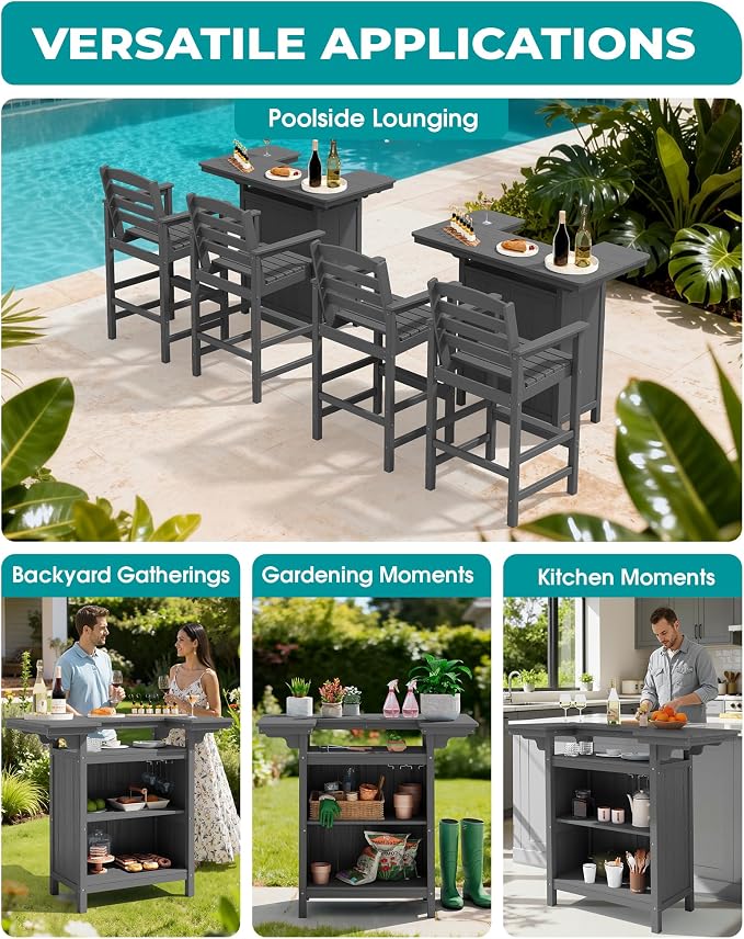 SERWALL Outdoor Bar Table Set – HDPE Grey Patio Bar Cabinet - Image 8