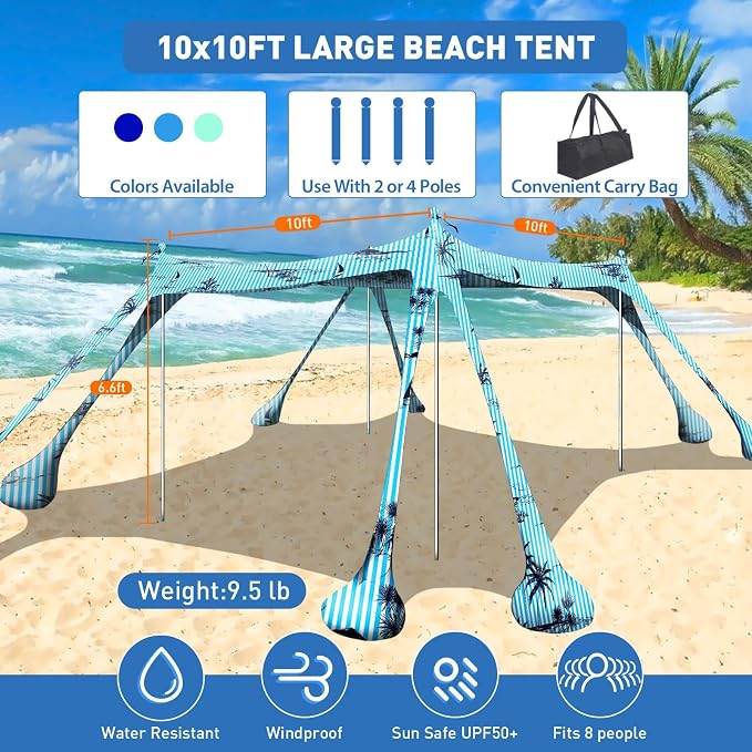 Beach Tent Sun Shelter 10x10ft Beach Canopy Easy Pop Up Sun Shade Portable - Image 2