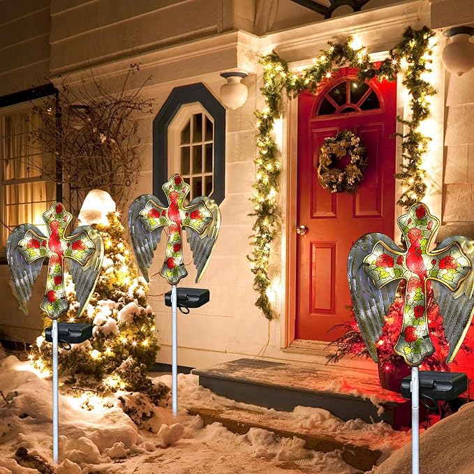 YJFWAL Cardinal Bird&Rose Cross Garden Stake Light, Solar Glass Cross - Image 3