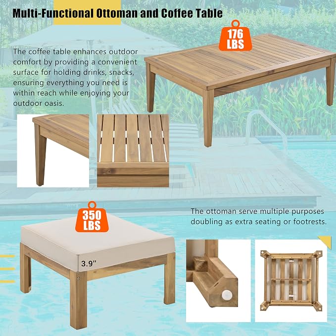 6-Piece Outdoor Patio Conversation Furniture Set, Acacia Wood Sectional Sofa Set - Image 7