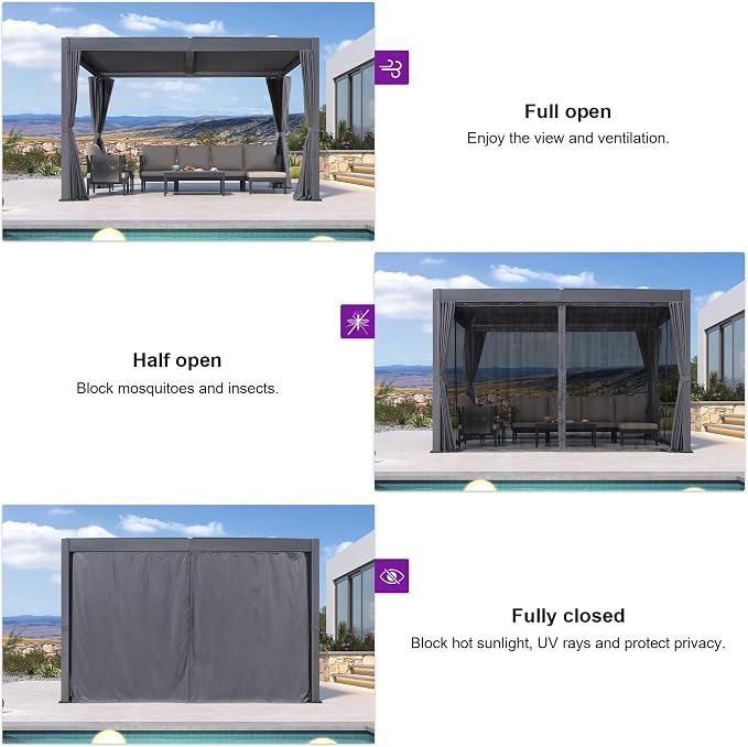 PURPLE LEAF Louvered Pergola 10' x 13' Outdoor Aluminum Modern Gray Pergola - Image 4