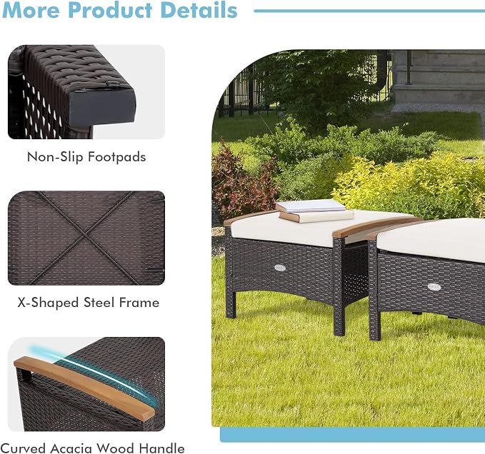 ORALNER Outdoor Ottoman, All-Weather Wicker Foot Stools w/Removable Cushions - Image 4