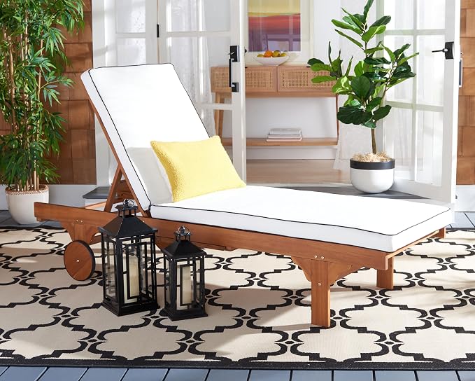 SAFAVIEH Outdoor Collection Newport Natural/Beige Cushion Black Piping Chaise - Image 2