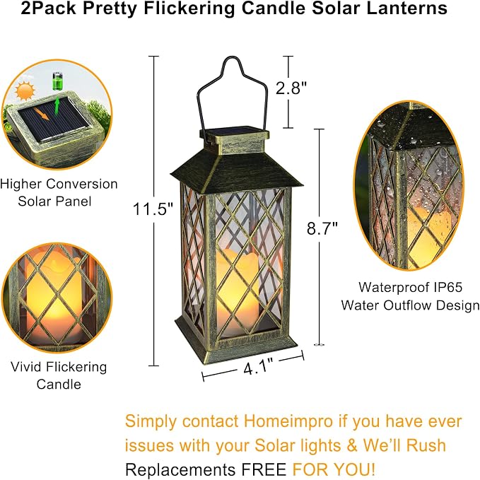 2Pack 10" Outdoor Solar Lanterns Waterproof Garden Patio Lantern Lights - Image 5