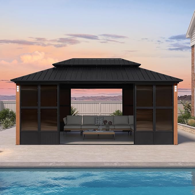 PURPLE LEAF 12' X 18' Patio Hardtop Gazebo Double Top Galvanized Steel Screen by PURPLELEAF