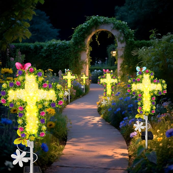 2 Pack Solar Flower Cross for Cemetery Grave, Grave Decorations for Cemetery - Image 6