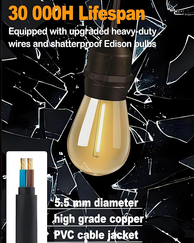 50FT Outdoor String Lights for Patio, Balcony & Porch – 32 LED Edison Bulbs - Image 7