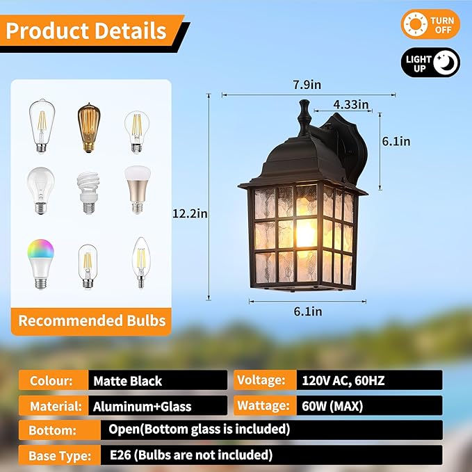 Dawn to Dusk Sensor Outdoor Wall Light Fixtures Waterproof Anti-Rust Exterior - Image 2