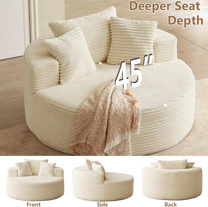 Oversized Round Chair Lounge Chaise Indoor, Upholstered Corduroy Deep Seat - Image 5