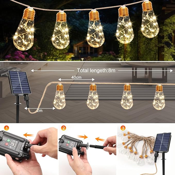 Solar String Lights Outdoor, 26 Ft Vintage Rope Hemp Solar Patio Lights - Image 3