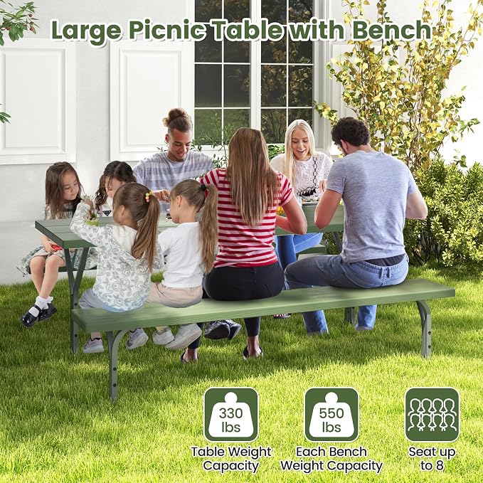 Giantex Picnic Table 6FT for 8 Person, Outdoor Table Set w/ 2 Benches, - Image 5