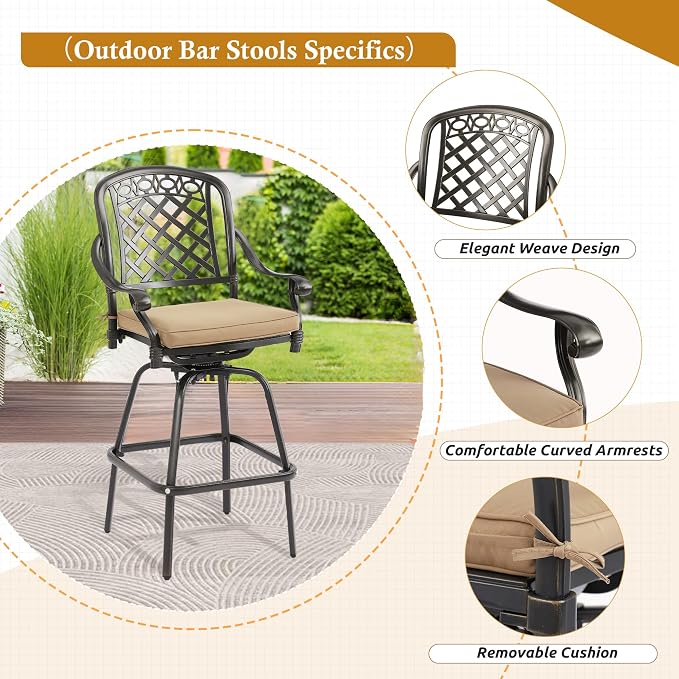 3-Piece Cast Aluminum Patio Bar Set, Outdoor Round High Top Table & 2 Swivel - Image 5