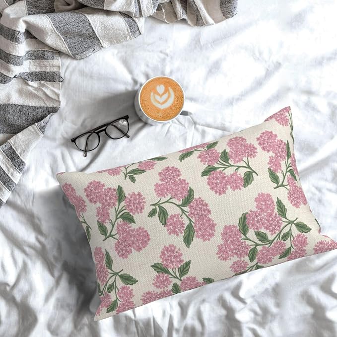 Preppy Pink Pillow Covers 12x20 Inch 2 Pcs Green Hydrangea Flower Decor Throw - Image 3