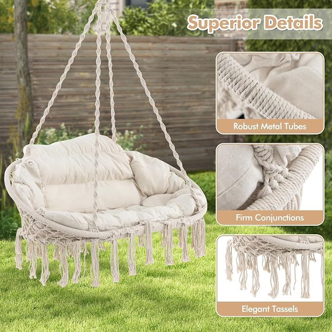 Tangkula 2-Person Hanging Hammock Chair, Boho Style Macrame Hammock Swing - Image 8