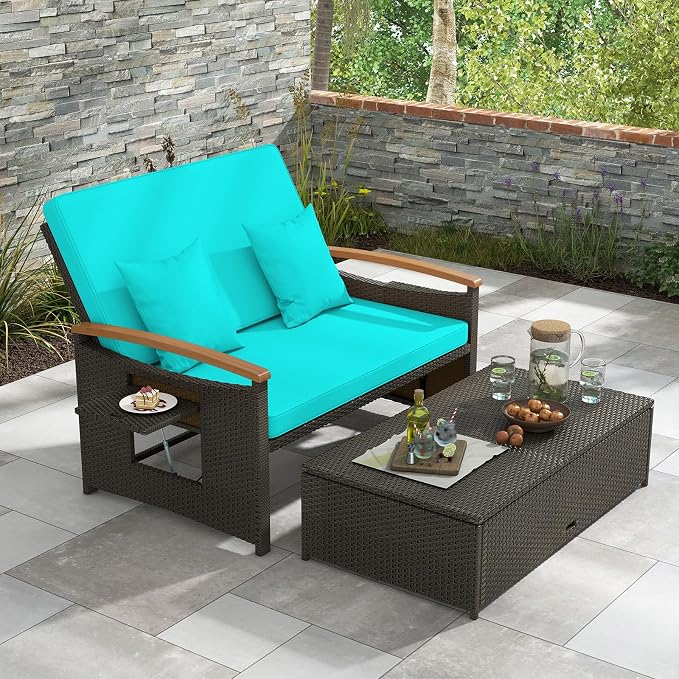 Moccha Outdoor Wicker Daybed, Patio Rattan Loveseat Sofa w/ 4-Level Adjustable - Image 3