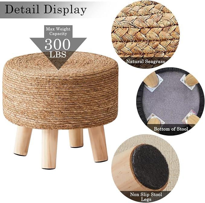 Wimarsbon Round Foot Stool Natural Seagrass Poufs Ottoman Hand Weave Footrest - Image 4