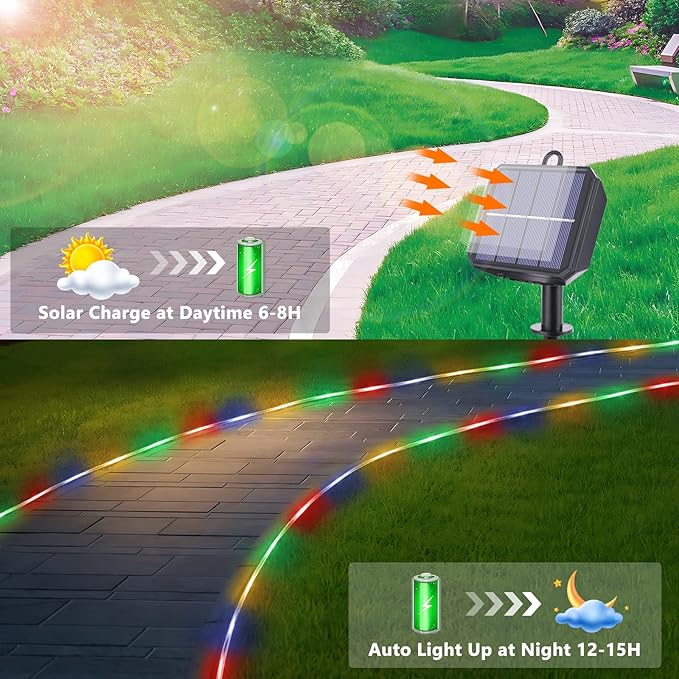 Solar Rope Lights, 33ft 100LED Solar String Lights, 8 Modes Waterproof Solar - Image 4