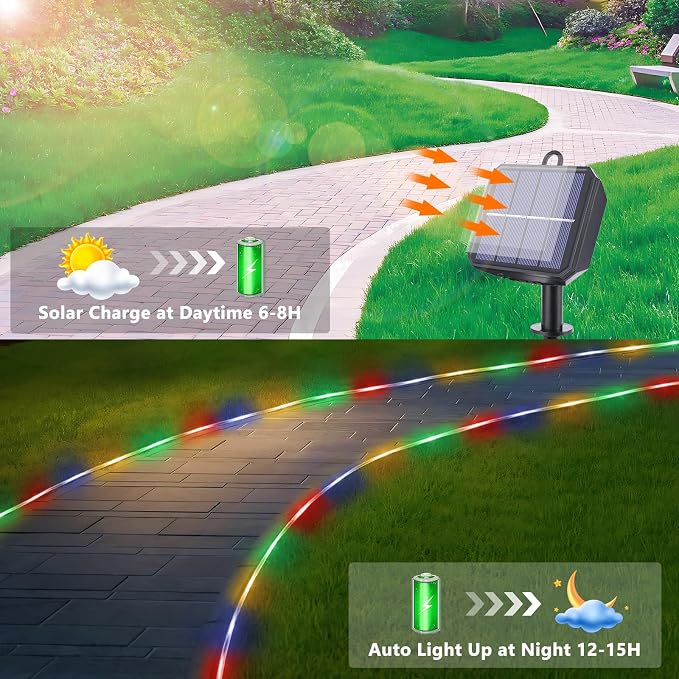 Solar Rope Lights, 66ft 200LED Solar String Lights, 8 Modes Waterproof Solar - Image 4