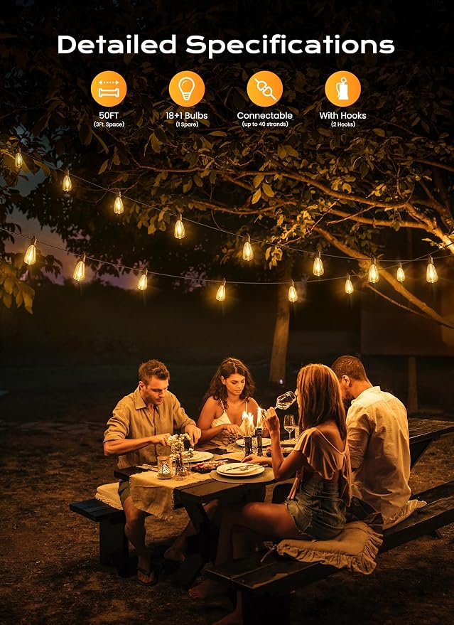 Brightown Outdoor String Lights, 50FT 18+1 LED ST38 LED Patio Lights - Image 2