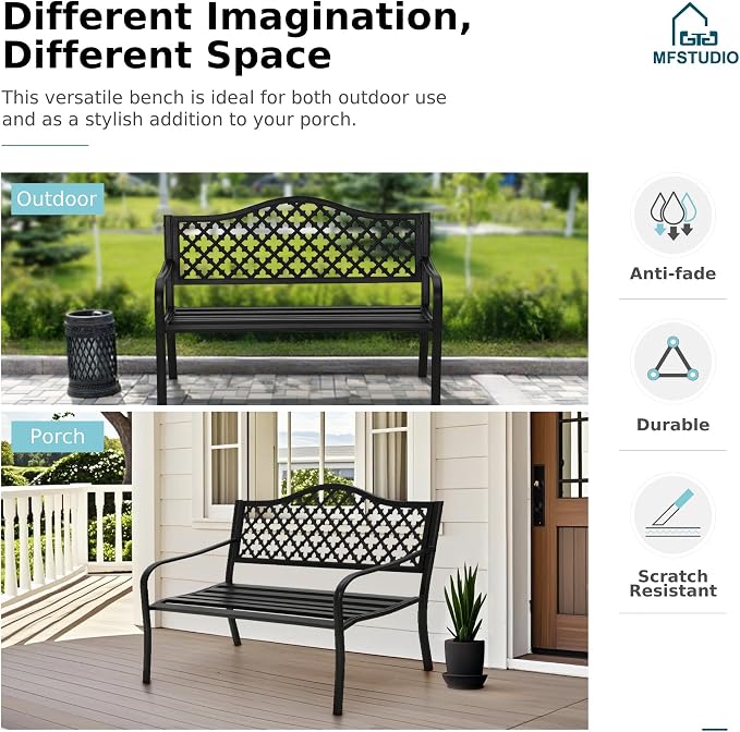 MFSTUDIO Outdoor Metal Bench Set of 2, Cast Iron Frame Patio Furniture - Image 6