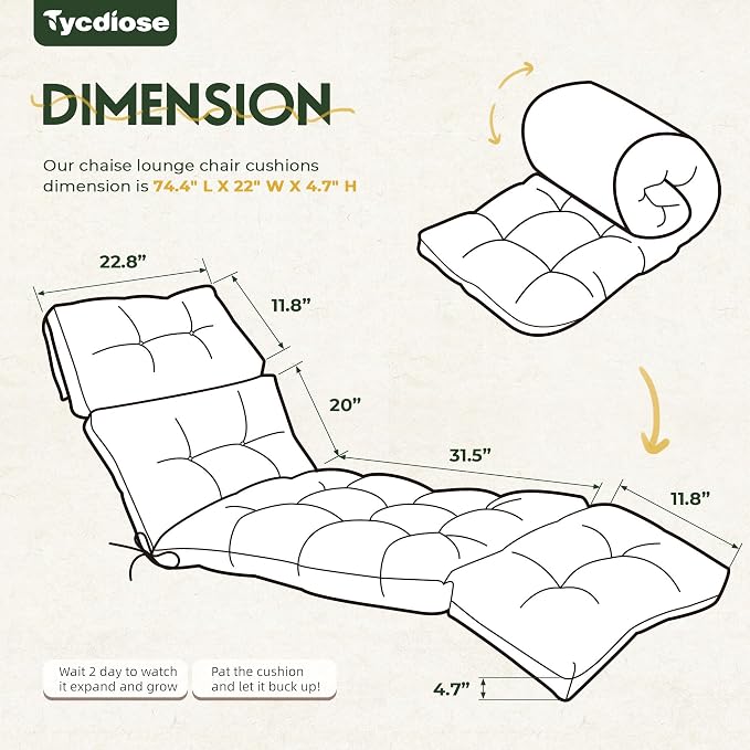 Outdoor Chaise Lounge Chair Cushion Waterproof 74.4 x 22 x 4.7 Inches Memory - Image 2