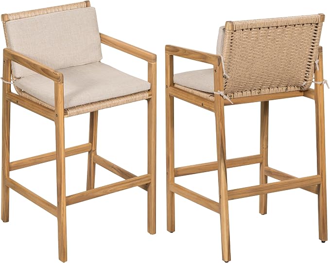 Merax Outdoor Bar Stools Set of 2, Wicker Woven Barstools, Acacia Wood Counter - Image 3