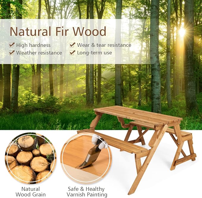 GYMAX Picnic Table, 2 in 1 Convertible Picnic Bench Table Set, Transforming - Image 3
