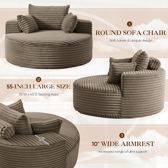 Oversized Round Chaise Longue Chair Indoor, Modern 55-inch Upholstered Corduroy - Image 5