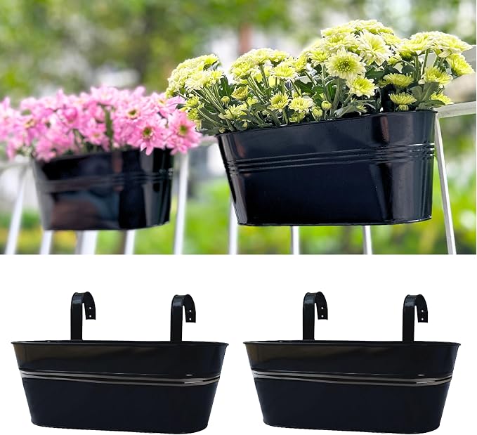 LaLaGreen Outdoor Plants Rail Planter Black Metal Iron Hanging Flower Oval Pots by L%C3%A1L%C3%A1Green