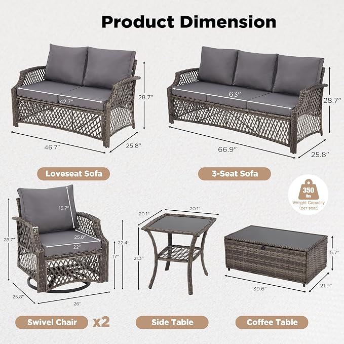 HOMREST 6 Piece Patio Furniture Set, Wicker Outdoor Conversation Sofa Set - Image 6